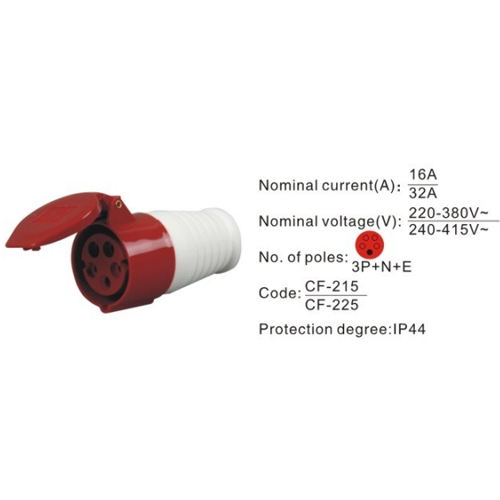 225, Industrial Plugs and Sockets, 16A, 5 Pin, 3P+N+E, IP44, 240V-415V