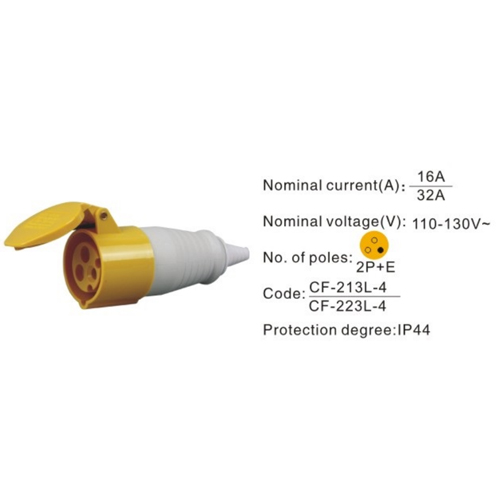 223L-4, Industrial Plugs and Sockets, 32A, 3 Pin, 2P+E, IP44, 110V-130V